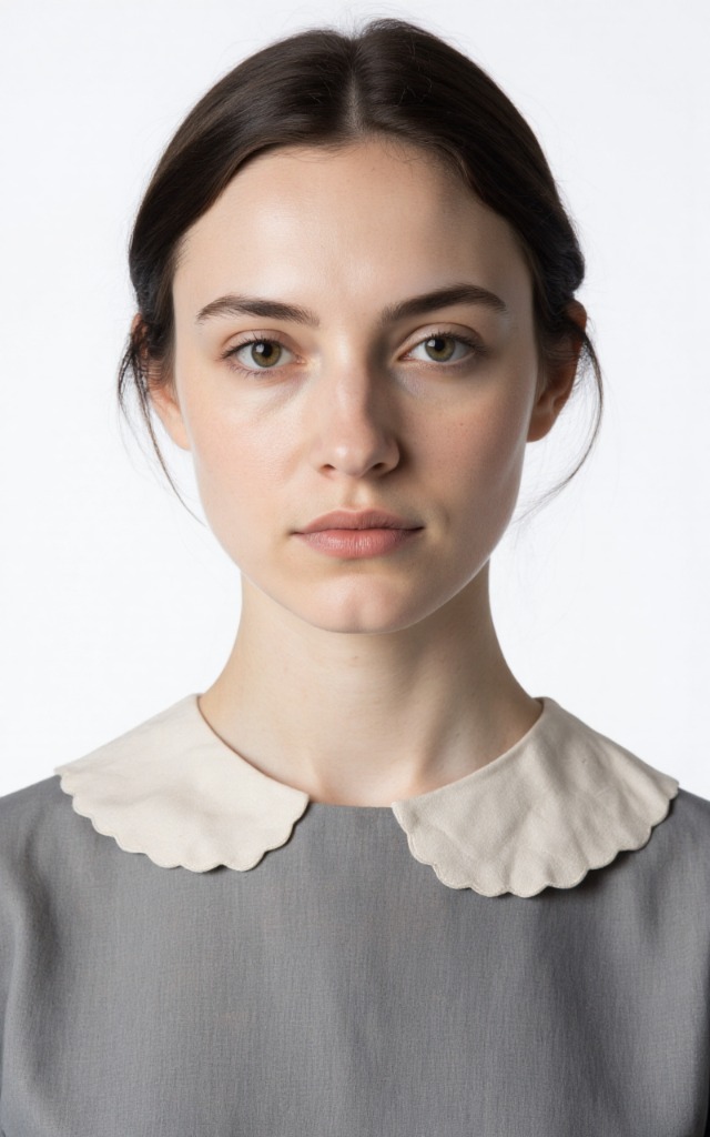 A French female model wearing a dress with a Scalloped collar, white background, front   facing bust portrait